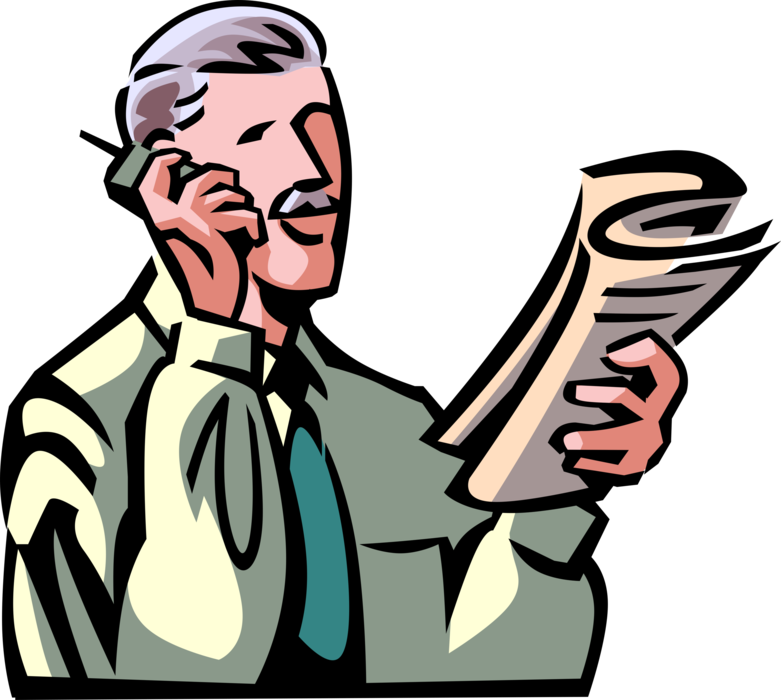 Talking On Cell Phone With Newspaper Royalty Free Vector - Illustration (480x438), Png Download