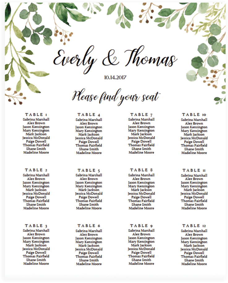 Greenery Wedding Seating Chart Templates By Papersizzle - Seating Plan Boda Plantillas (819x1024), Png Download