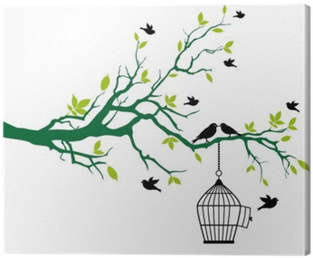 Spring Tree With Birdcage And Kissing Birds Canvas - Branches With Leaves Drawing (400x400), Png Download