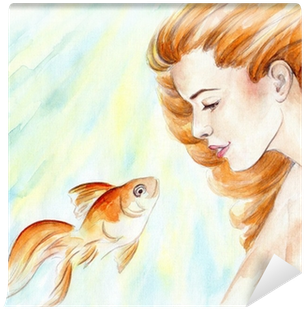 Beautiful Girl With Red Hair And Goldfish In Water - Canvas Print (400x400), Png Download