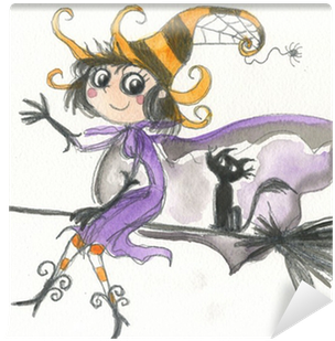 Halloween Witch On Broomstick Watercolor Wall Mural - Broom (400x400), Png Download