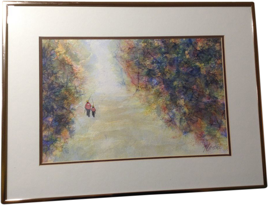 Negri, Father And Son Fishing, Original Works On Paper - Watercolor Painting (919x919), Png Download