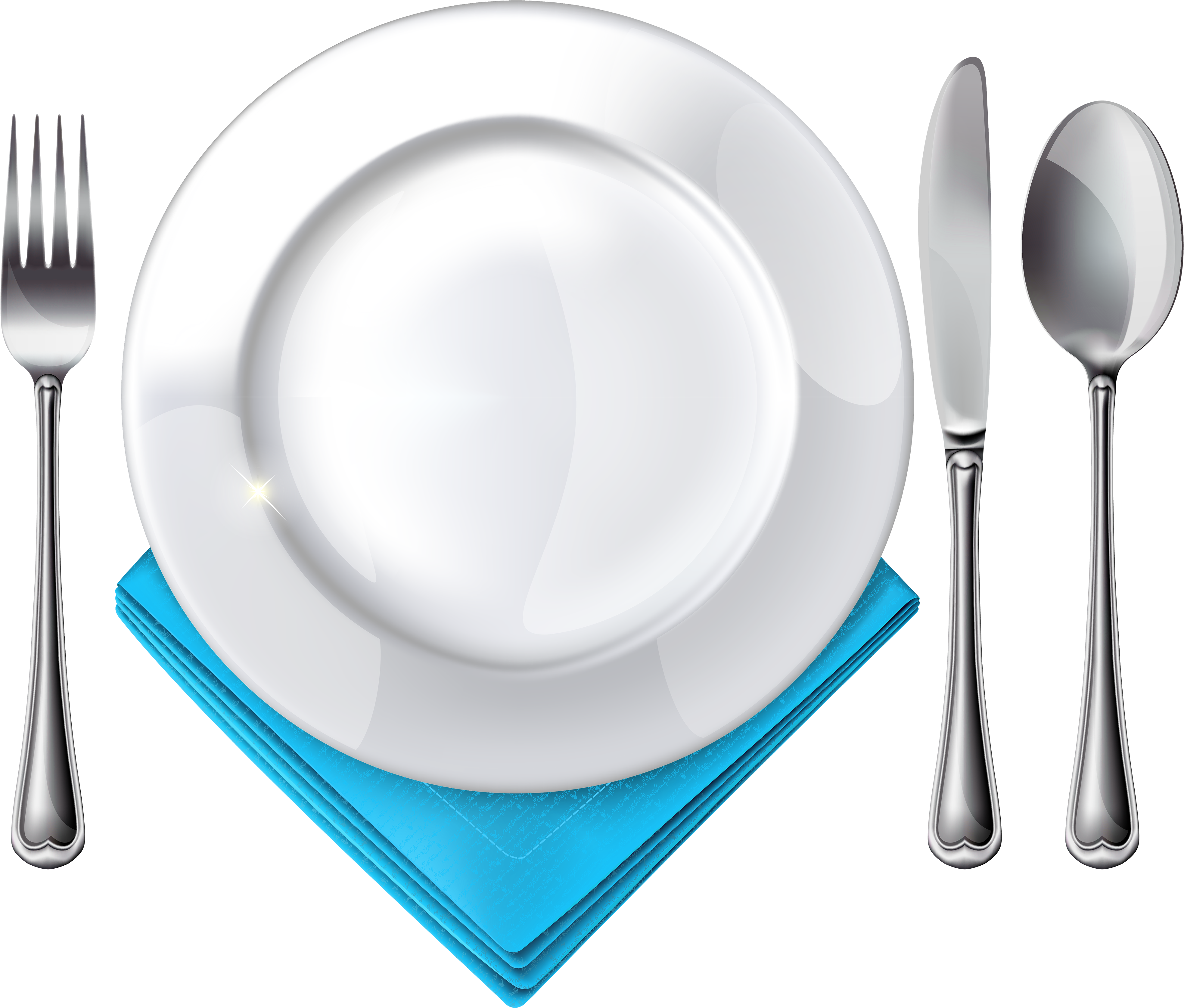 Picture Transparent Plate And Blue Napkin Png Best - Plate Spoon And Fork Png (4000x3404), Png Download