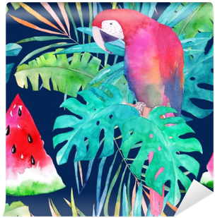Summer Pattern With Watercolor Parrot, Palm Leaves - Arbuz Tapeta Akwarela (400x400), Png Download