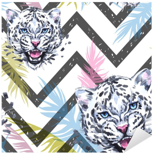Leopards With Colorful Tropical Leaves On Geometric - Watercolor Painting (400x400), Png Download