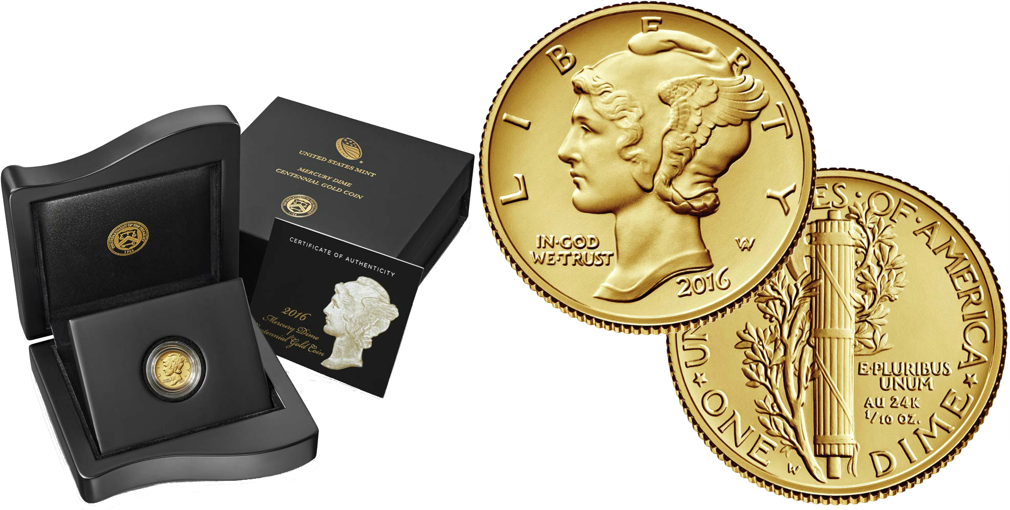 2016-w Gold Mercury Dime Centennial - 2016 Mercury Dime Centennial Gold Coin 24k Gold (2000x1000), Png Download