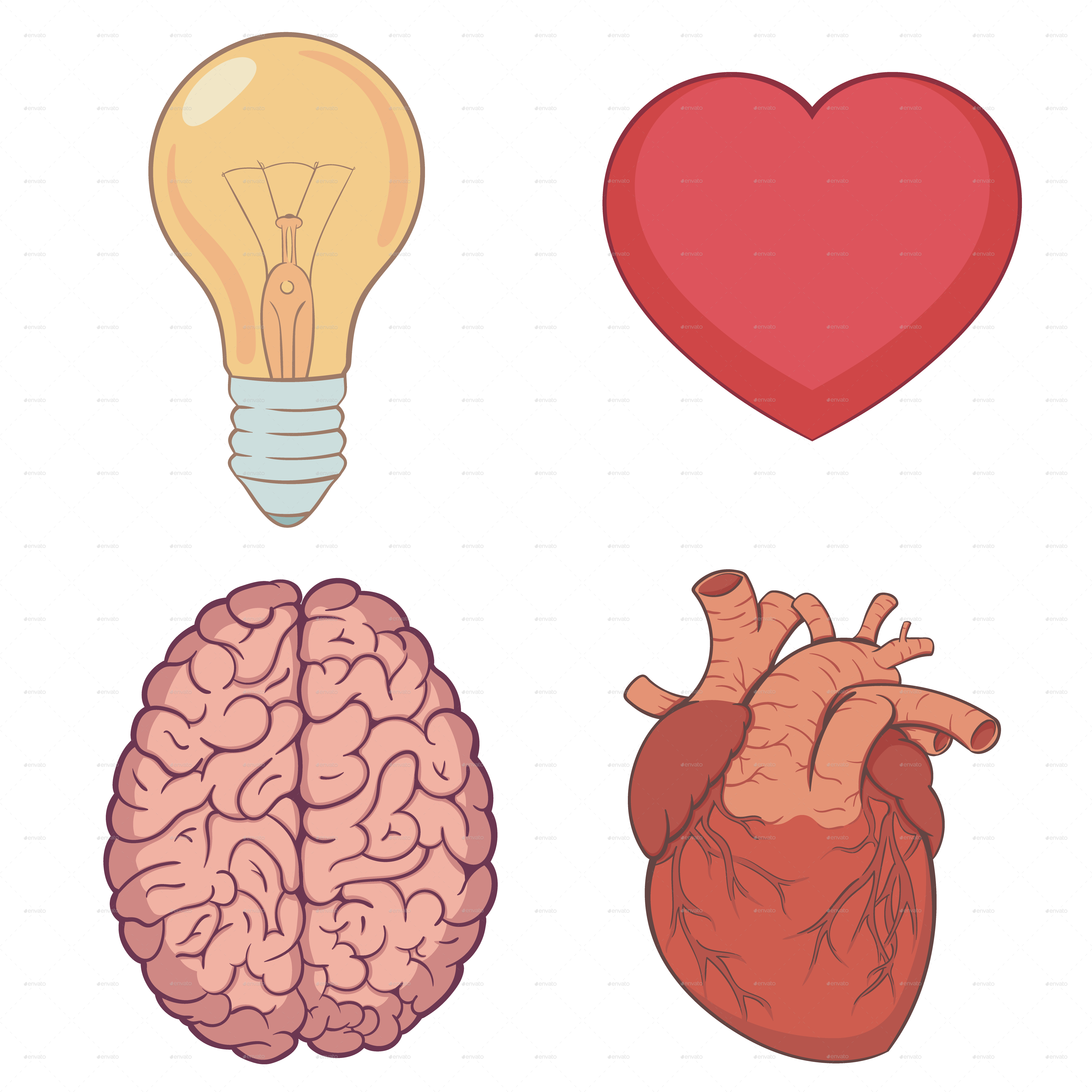 Heart Brain Bulb Cartoon Set - Brain And Heart Transparent (4500x4500), Png Download