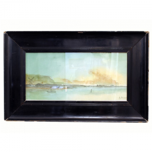 Watercolor Of A Dutch Harbor In An Antique Ebonized - Painting (400x300), Png Download