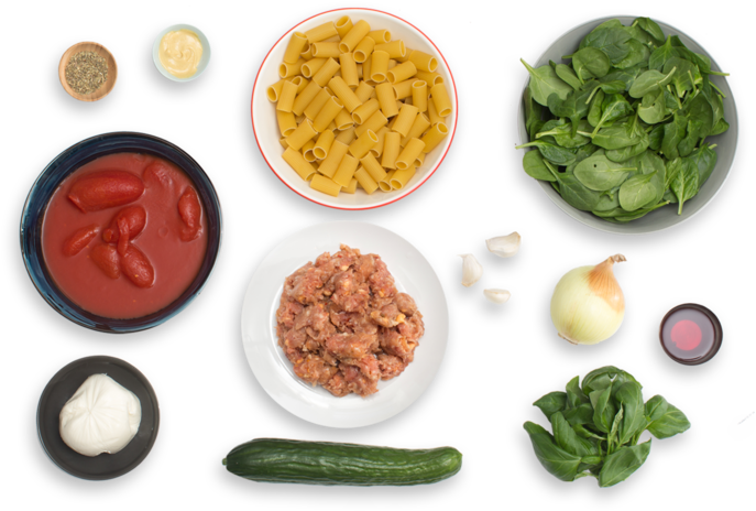 Baked Sausage, Mozzarella & Rigatoni Pasta With Spinach - Food Png Top View (700x477), Png Download