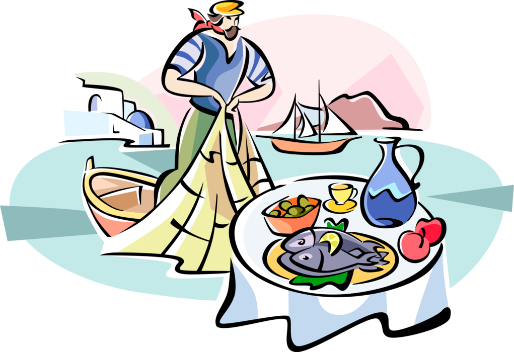 Vector Illustration Of Greek Fisherman With Fishing - Illustration (1021x700), Png Download