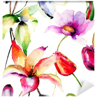 Watercolor Painting Of Tulips And Lily Flowers Wall - Flowers Tulips Painting (400x400), Png Download