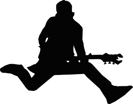 Guitarist Leap Jump Performance Guitar Ins - Rock N Roll Clipart Black And White (433x340), Png Download