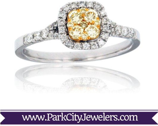 Yellow Diamond Cluster & Diamond Halo Engagement Ring - Mountain And Forest Scene Band (529x529), Png Download