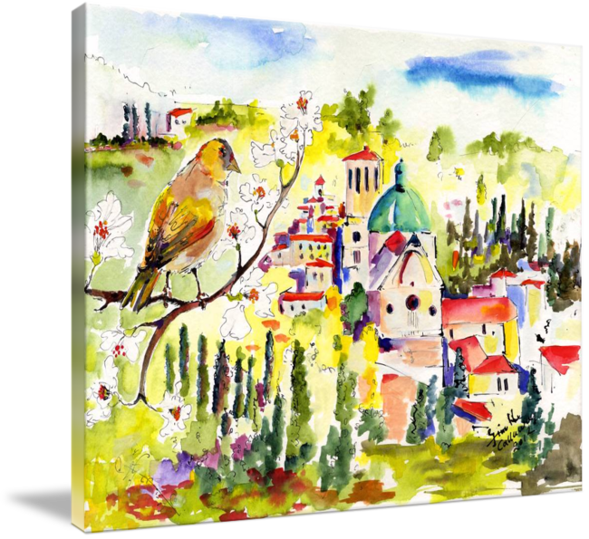 "spring In Assisi Italy Umbria Watercolor Ginette" - Gallery-wrapped Canvas Art Print 58 X 44 Entitled Spring (650x595), Png Download