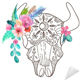 Doodle Bull Skull With Watercolor Flowers And Feathers - Bison Buffalo Indian Aztec Head With Colorful Flowers (400x400), Png Download