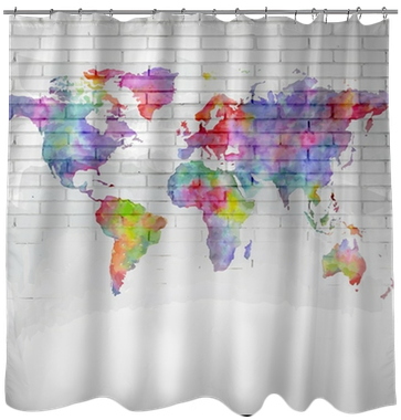 Watercolor World Map On A Brick Wall Shower Curtain - Watercolor Painting (400x400), Png Download