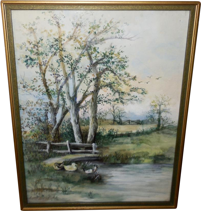 Folk Art Watercolor Scene Of Ducks In Pond Dated 1920s - Picture Frame (824x824), Png Download