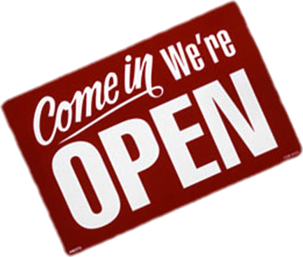 Come In Were Open Sign - We Are Open Sign Png (433x367), Png Download