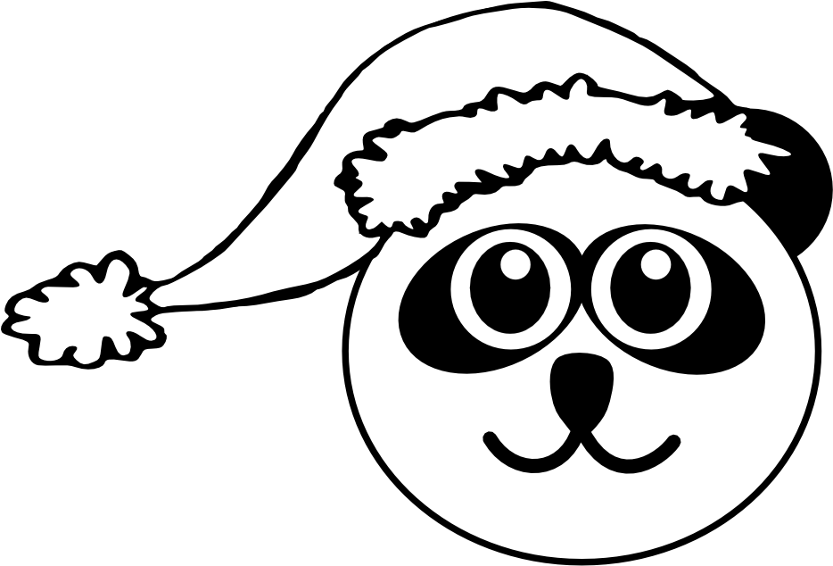 Panda 1 Head With Santa Hat Black White Line Art Christmas - Christmas Panda Coloring Pages (999x748), Png Download