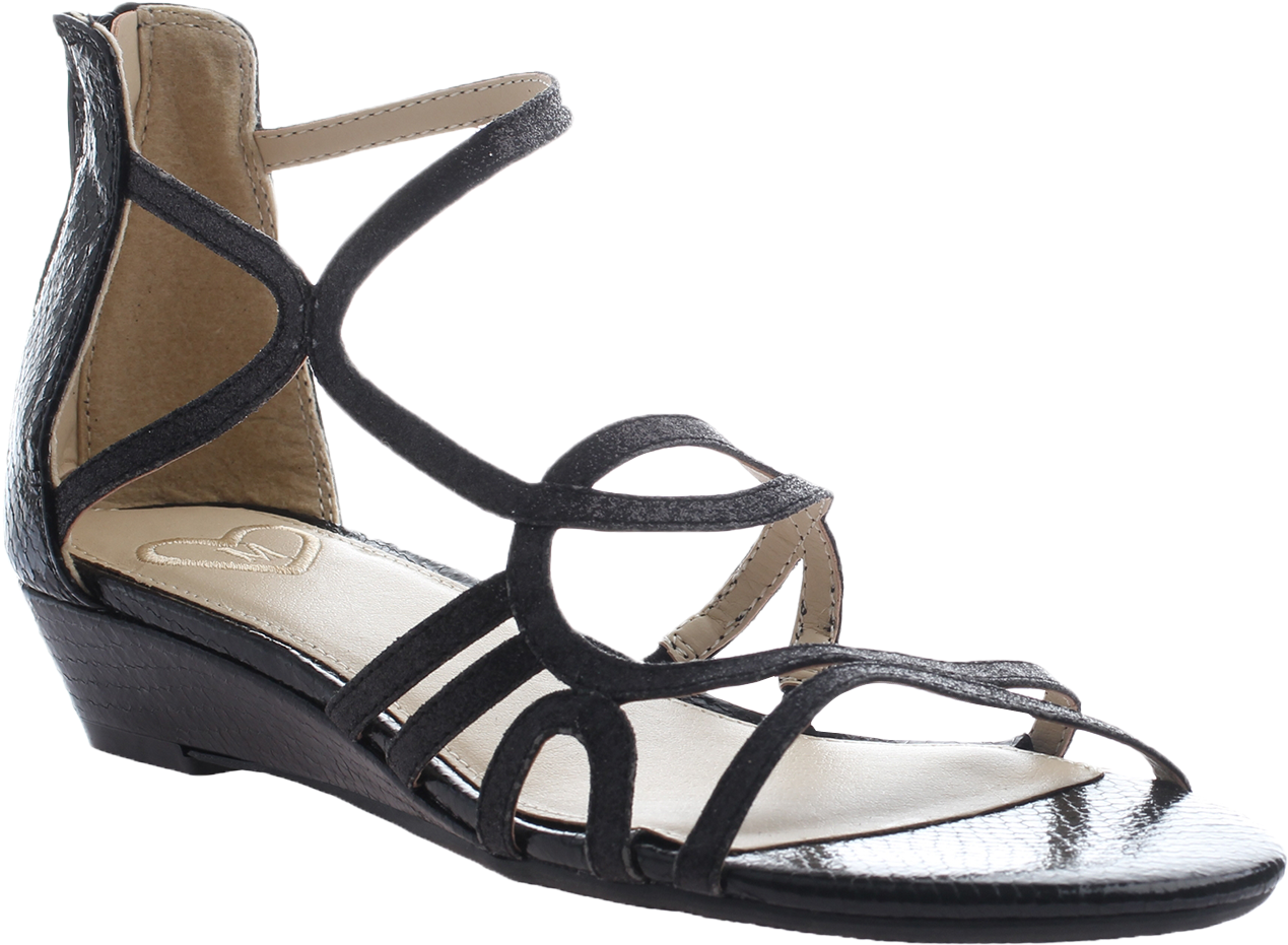 Madeline, Sizzle, Black, Strappy Flat Sandal With Metallics - Wedge (1400x1400), Png Download