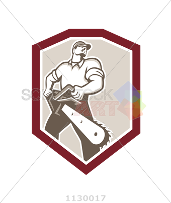 Stock Illustration Of Vector Male Logger Holding Chainsaw - Lumberjack Arborist Holding Chainsaw Shield Card (340x404), Png Download