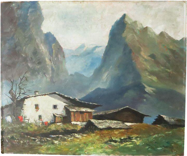 Farm House In South Tyrol, Old Oil Painting - Watercolor Paint (714x714), Png Download