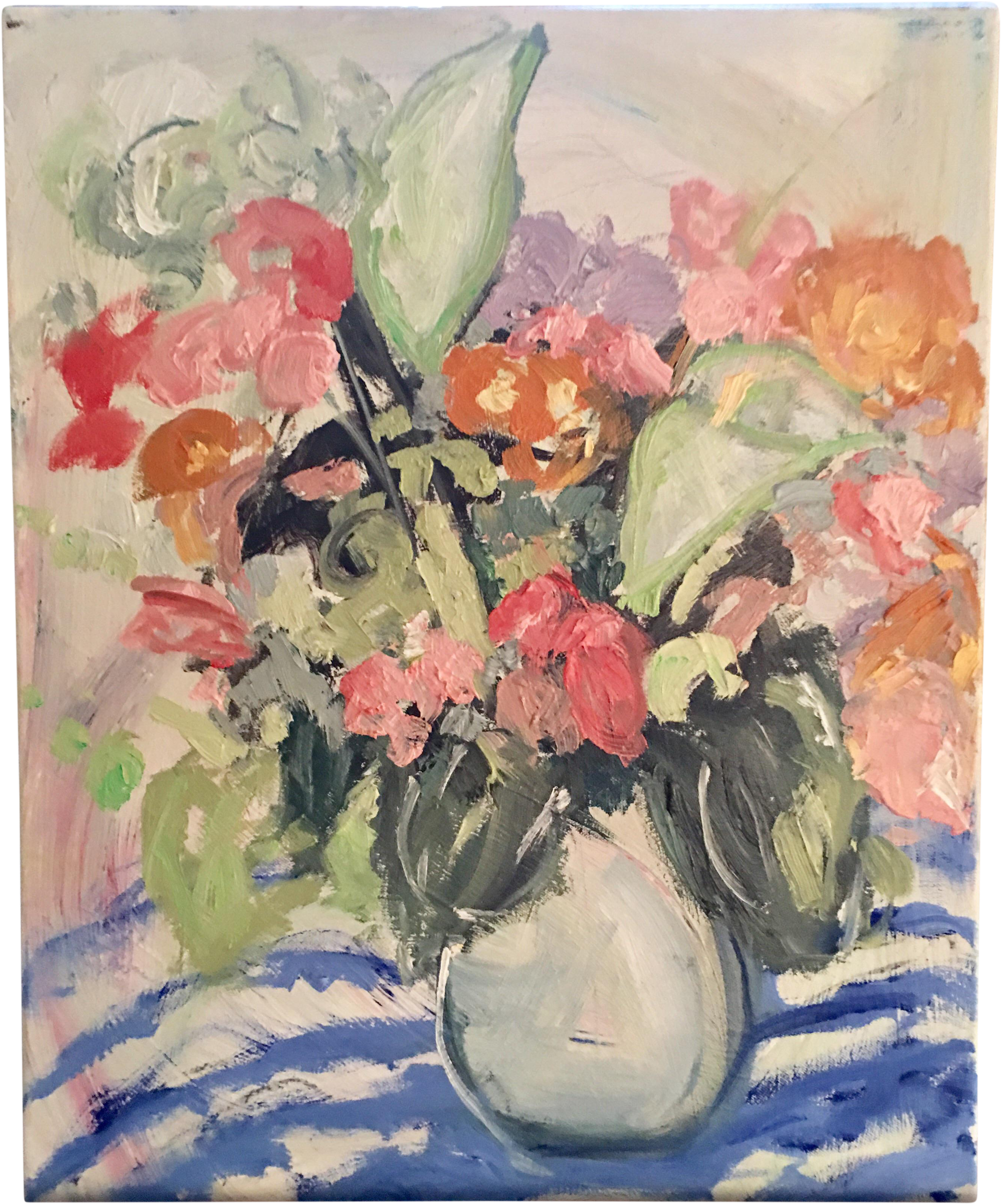 Floral In Blue Stripe Oil Painting By Jj Justice - Oil Painting (2950x3550), Png Download