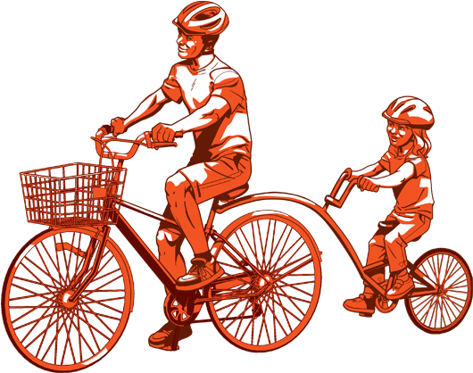 Child Riding A Bike Trailer Cycle Attached To His Father's - Bicycle (600x494), Png Download