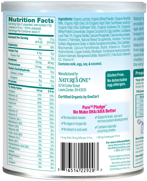 Baby's Only Organic® Dairy Whey Dha/ara Toddler Formula - Baby's Only Organic Formula Nutrition Facts (500x609), Png Download