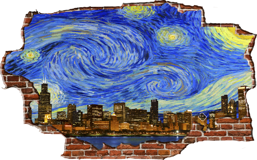 Zapwalls Decals Breaking Wall Starry Chicago - Starry Night Chicago Skyline Wall Graphic (75" X 50) (900x561), Png Download