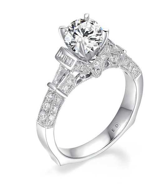 V-frame Filigree Micropavé Vintage Engagement Ring - .925 Sterling Silver Round Cubic Zirconia 3-stone Engagement (600x600), Png Download