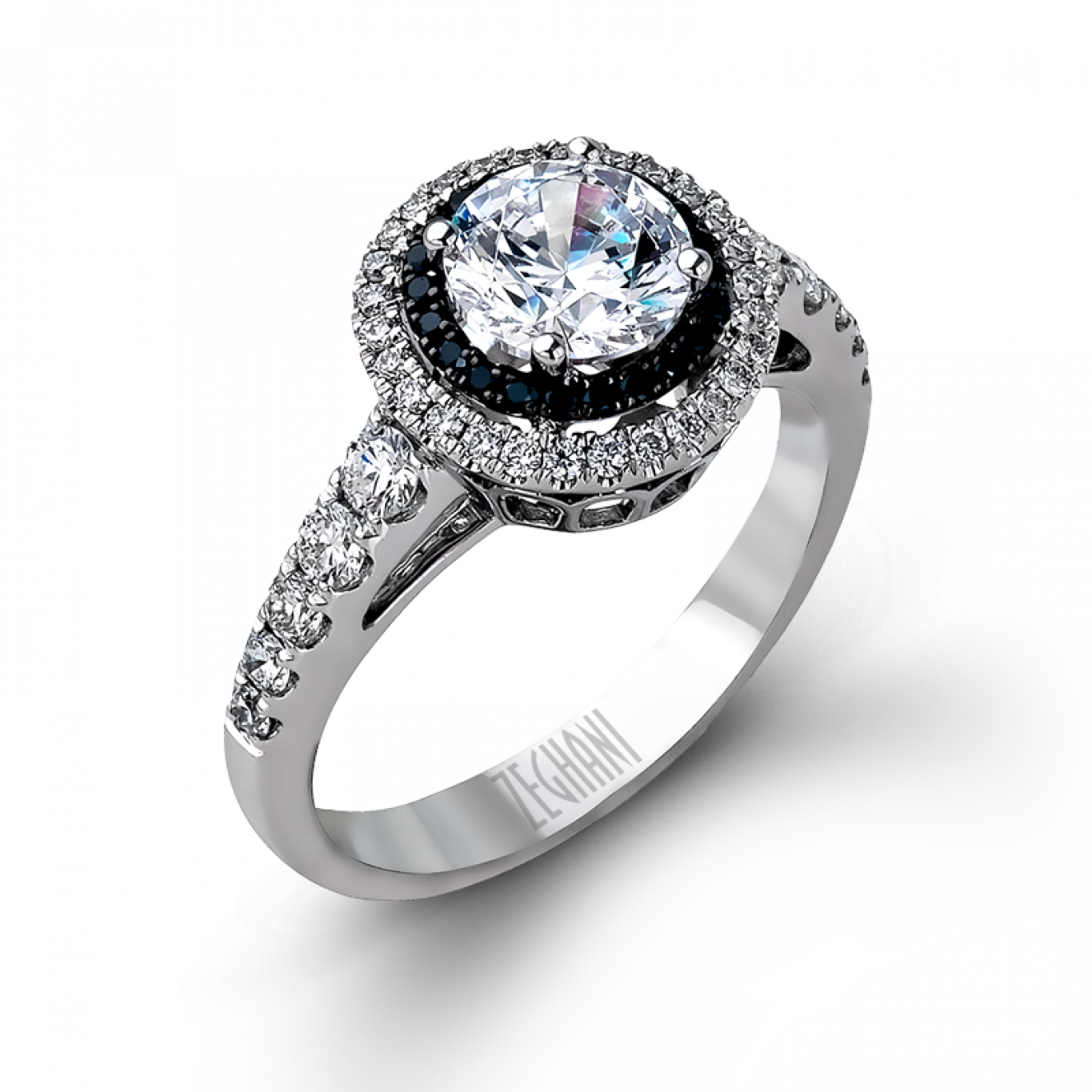 White & Black Diamond Halo Ring - Engagement Ring (1365x1365), Png Download