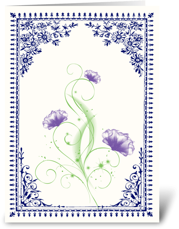 Vintage Purple Flower 2 With Blue Border Greeting Card - Vintage Blue And Yellow Art (700x792), Png Download