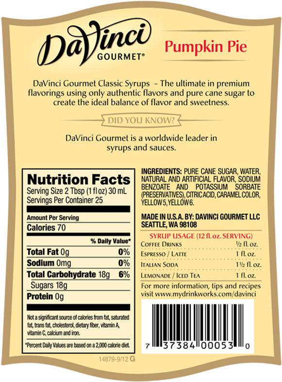 2073738400053 Dvg Classic Pumpkin Pie Spice - Da Vinci Sugar Free French Vanilla Syrup Ingredients (1200x1200), Png Download