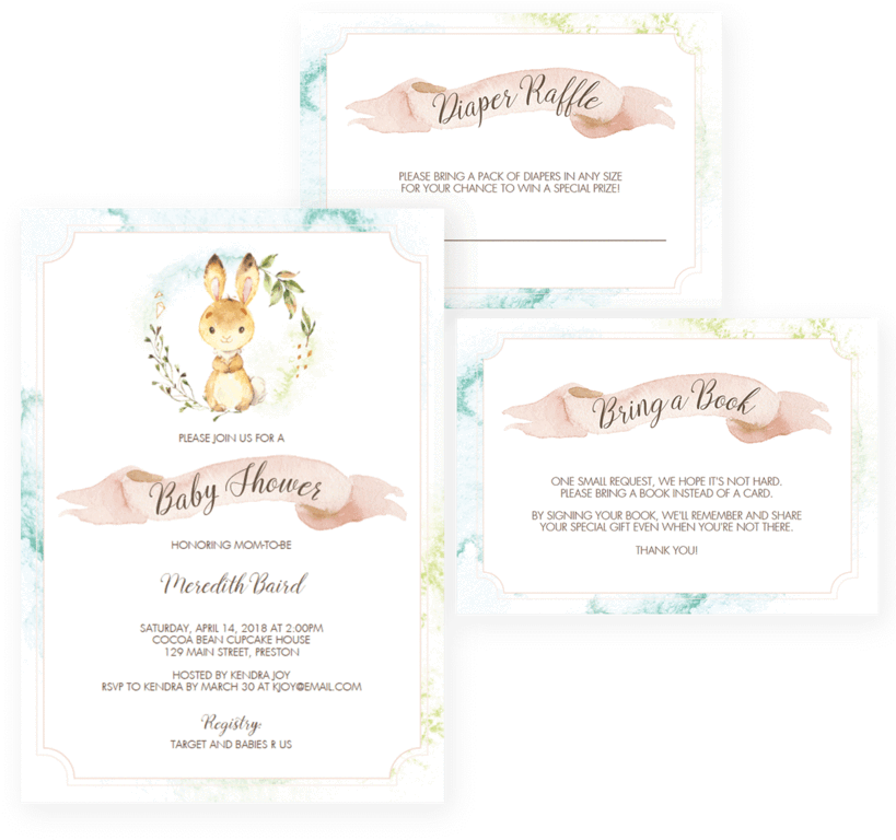 Watercolor Rabbit Baby Shower Invitation Set - Free Bunny Baby Shower Printables (480x600), Png Download