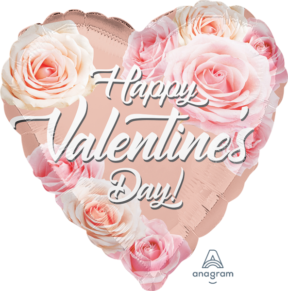 Rose Gold Roses Happy Valentines Day Balloon Bouquet - Valentine's Day (593x600), Png Download