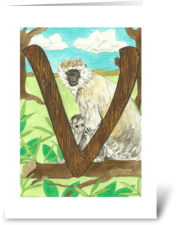 V For Vervet Monkey Greeting Card - Painting (700x792), Png Download