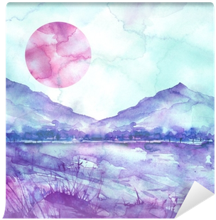 Watercolor Mountain Landscape, Blue, Purple Mountains, - Paisagem Aquarela (400x400), Png Download