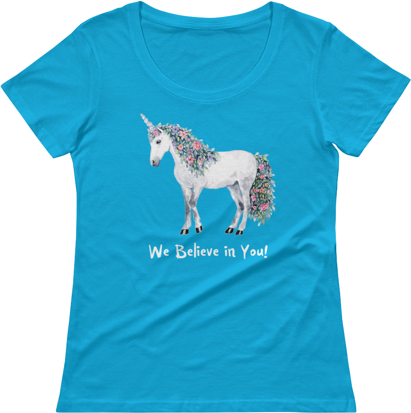 Ladies' Scoopneck T-shirt "we Believe In You " Unicorn - Supernatural Saving People Hunting Things Funny Vday (1000x1000), Png Download