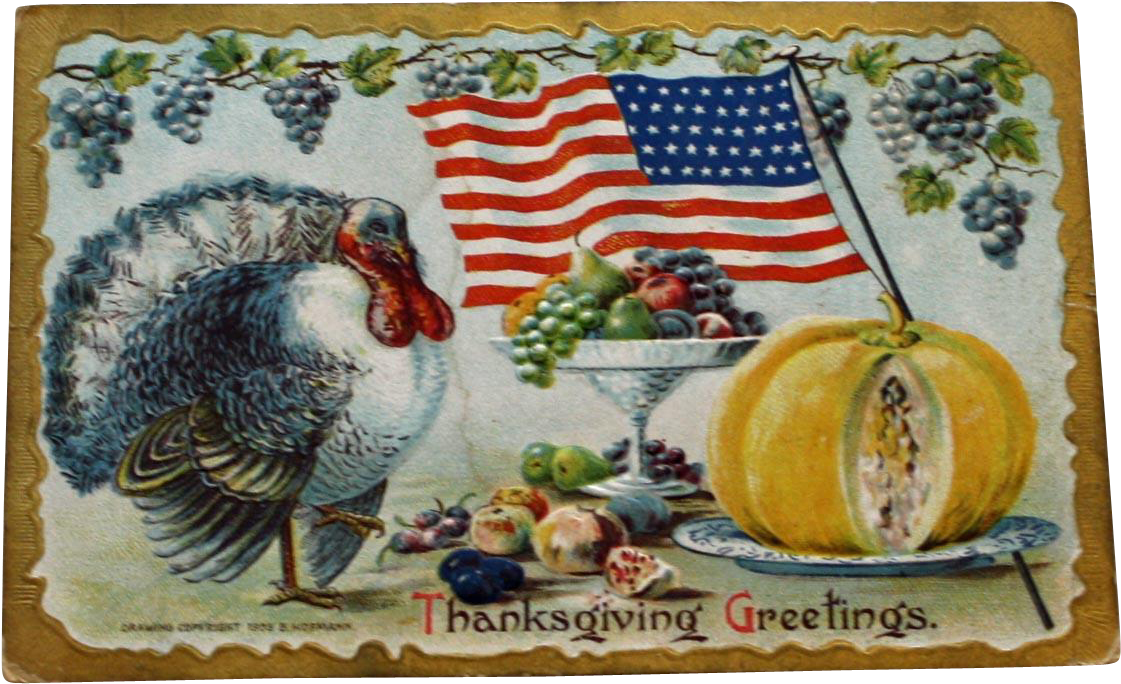 Antique Thanksgiving Postcard With Turkey, Flag, And - Vintage Thanksgiving Postcards (1120x1120), Png Download