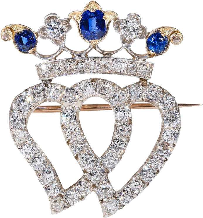 Victorian Double Heart Crown Sapphire Diamond Brooch - Brooch (745x745), Png Download