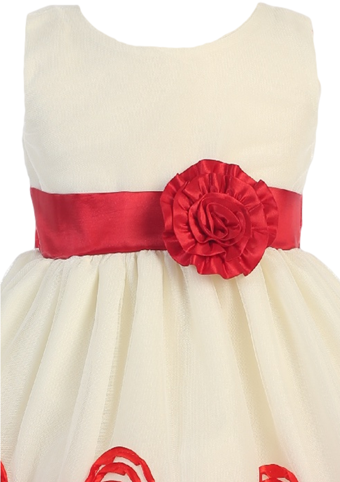 Ivory Tulle & Red Floral Soutache Ribbon Girls Holiday - Dress (683x1024), Png Download