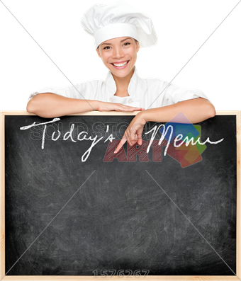 Stock Photo Of Smiling Pretty Asian Chef Pointing At - Today's Menu Png (340x397), Png Download