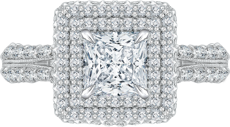 14k White Gold Princess Cut Diamond Double Halo Engagement - Women's 14k White Gold Polished H-i Si2 Quality Diamond (1000x1000), Png Download