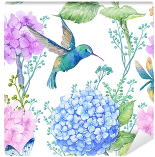 Seamless Pattern Illustration In To Textile Design - Hydrangea And Dragonflies (400x400), Png Download