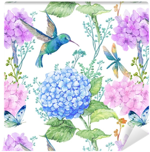 Seamless Pattern Illustration In To Textile Design - Hydrangea And Dragonflies (400x400), Png Download