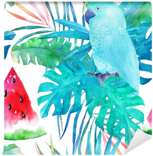 Summer Pattern With Watercolor Parrot, Palm Leaves - Watercolor Painting (400x400), Png Download