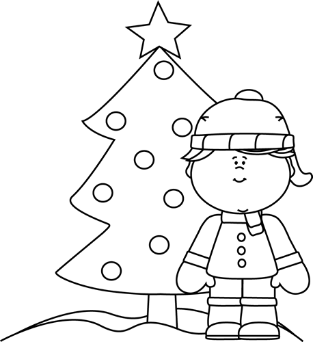 Black And White Girl And Christmas Tree In The Snow - Little Christmas Tree Clipart Black And White (458x500), Png Download