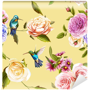 Humming Bird, Roses With Leaves On Yellow - Carta Da Parati Colibrì (400x400), Png Download