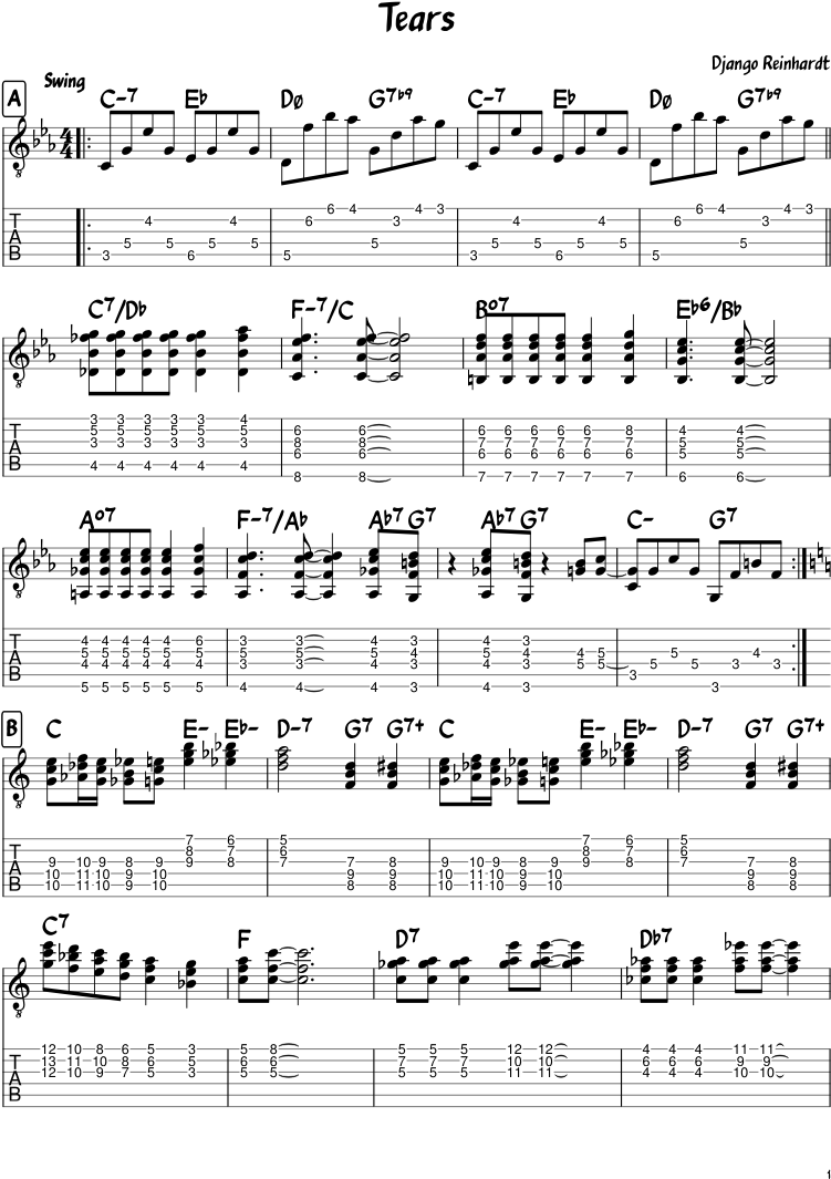 Tears Sheet Music Composed By Django Reinhardt 1 Of - Django Reinhardt Guitar Score (827x1169), Png Download
